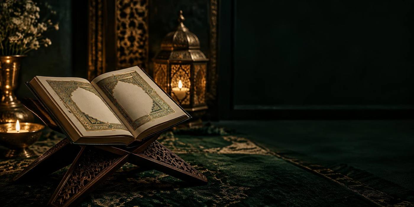 مصحف مفتوح على حامل خشبي بجوار فانوس مضاء